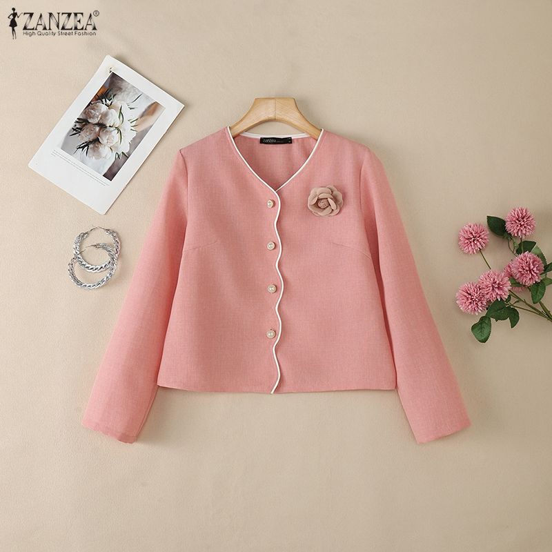 ZANZEA Blusa tipo cárdigan fina de manga larga con escote en V informal para mujer