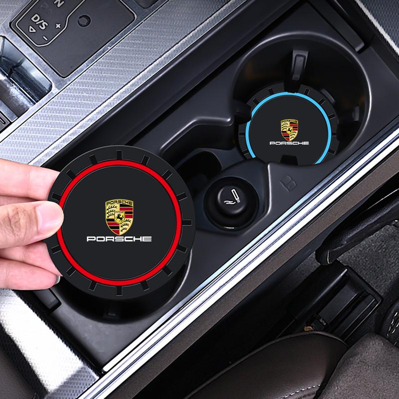 2pcs Car Coasters Pads Water Cup Slots Non-Slip Mat For Porsche Panamera Cayenne Taycan 911 718 Macan Carrera-GT 928 968 Sticker QX1