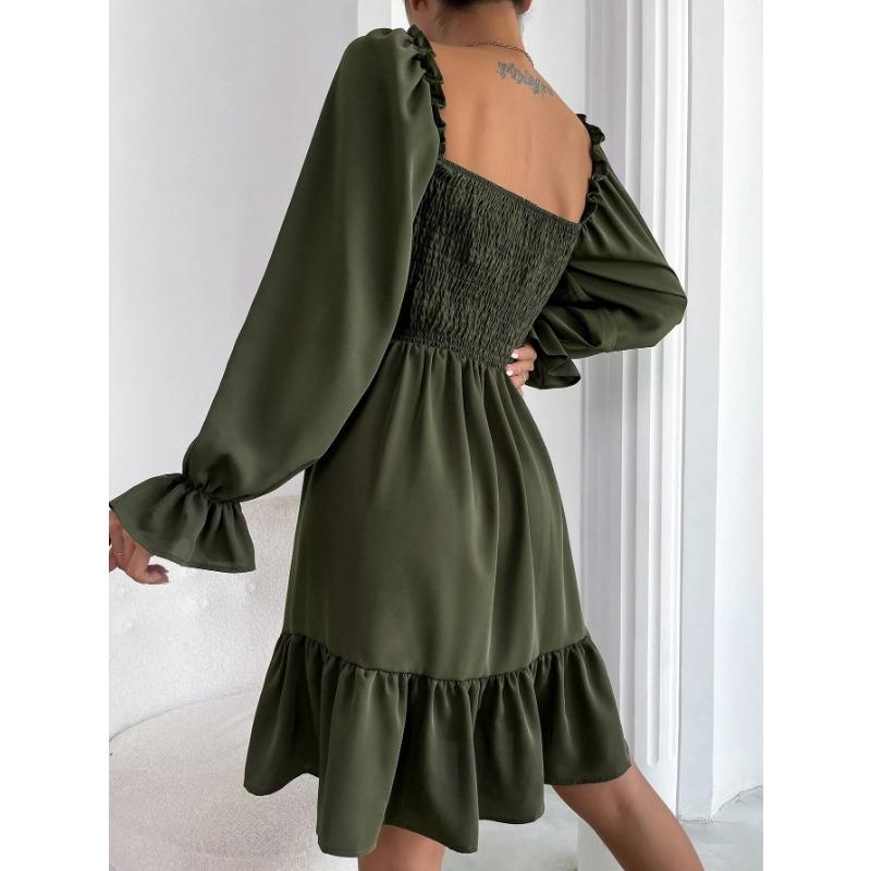 Women Square Neck Long Puff Sleeve Smocked Ruffle Hem Mini Dress