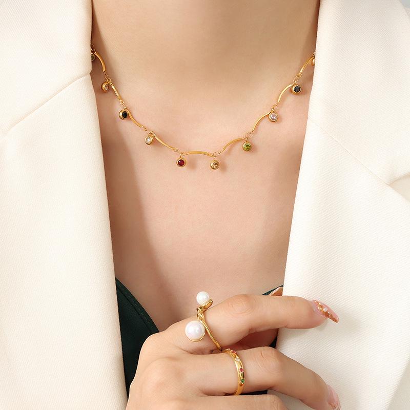 Colorful Zircon Ball Pendant Necklace with Water Wave Chain in 18K Gold-Plated Titanium Steel