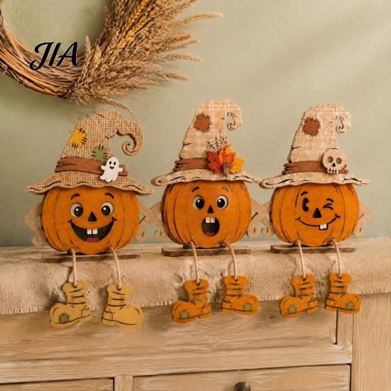 Seasonal Indoor Holiday Displays 3PCS Distressed Wooden Pumpkin Ornaments, Witch Hats And Ghost Patches Small Statues for Desks Decor, Halloween