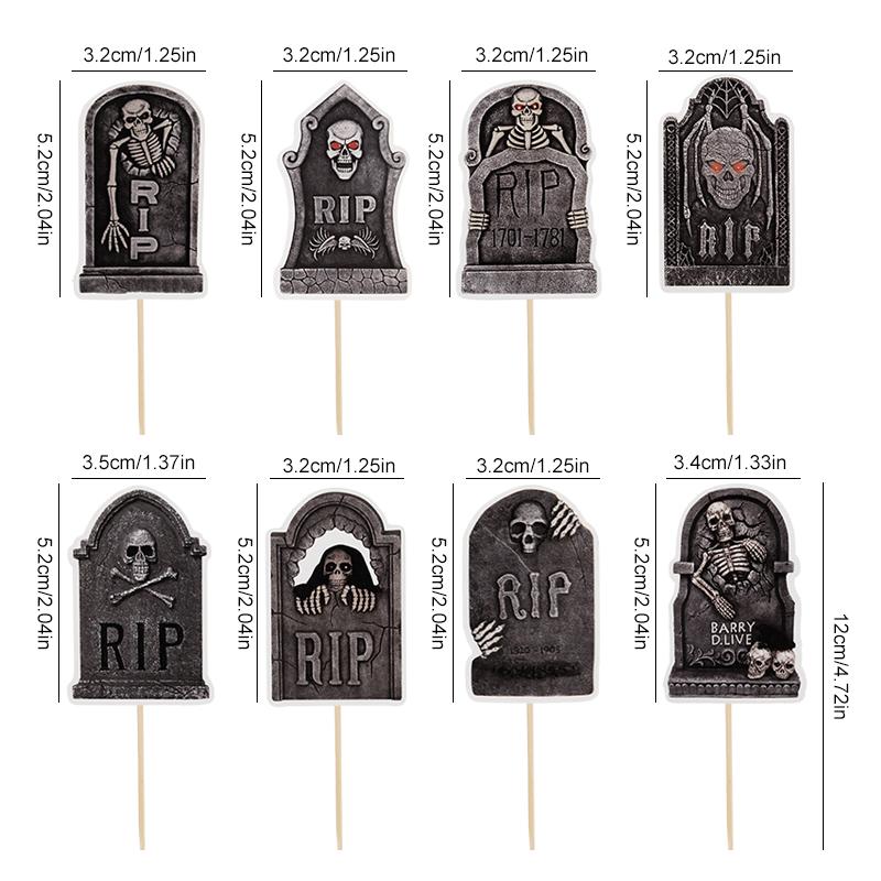 48/16Pcs Halloween Tombstone RIP Cupcake Topper Horror Skeleton Graveyard Gravestone Dessert Cake Toppers Halloween Party Decor