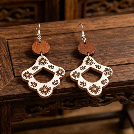 Retro Geometric Floral Wooden Earrings