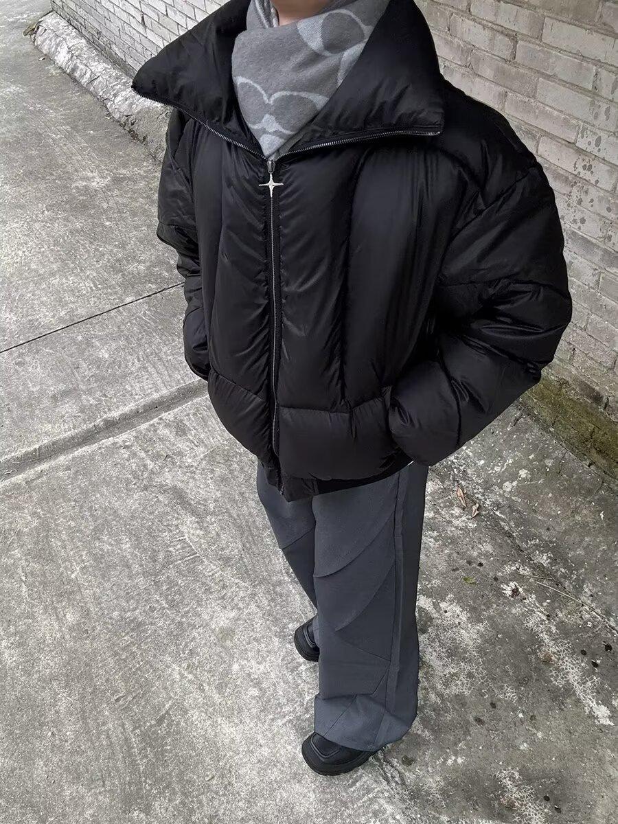 

Men s Vintage American-Style Cotton Jacket: Trendy, High-End, Warm, Short Stand Collar, Black Coat for Autumn and Winter L чорний