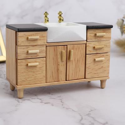 1:12 Wooden Wash Basin Cabinet with Ceramic Hand Sink Miniature Furniture Toys for Dollhouse Bathroom Kitchen Decoration