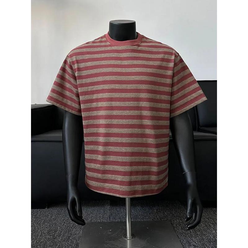 Men's Black Grey Striped T-shirt Crew Neck Short Sleeve Casual Loose Fit Tee For Daily Streetwear