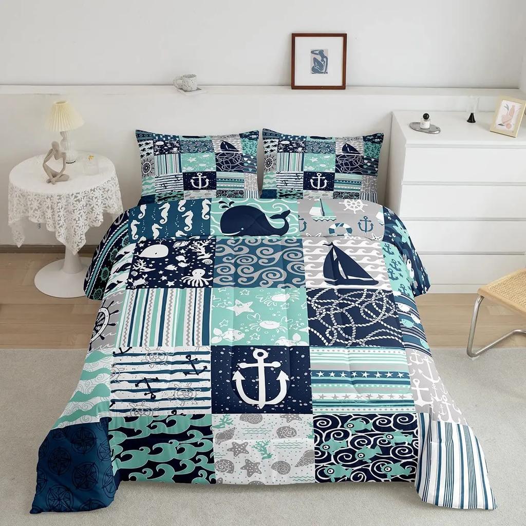 Nautical Anchor Pattern Duvet Cover Set King,Geometric Stripes Ocean Adventure Theme Quilt Navy Blue and Red Bedding Set 3pcs