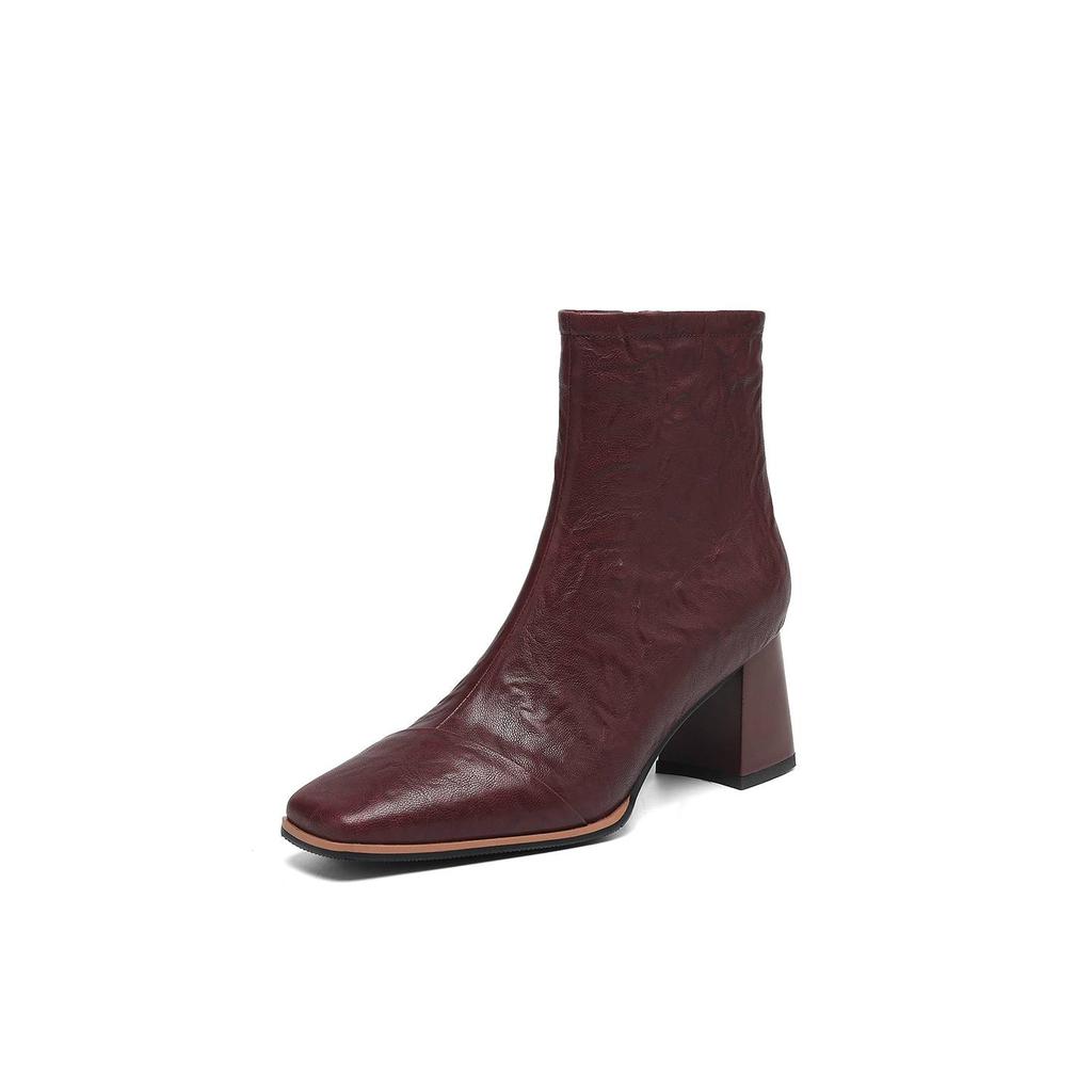 Krazing Pot Sheepskin Autumn Winter Shoes Thick High Heels Big Size 43 Modern Boots Square Toe Keep Warm Zip Pleated Design Ankle Boots