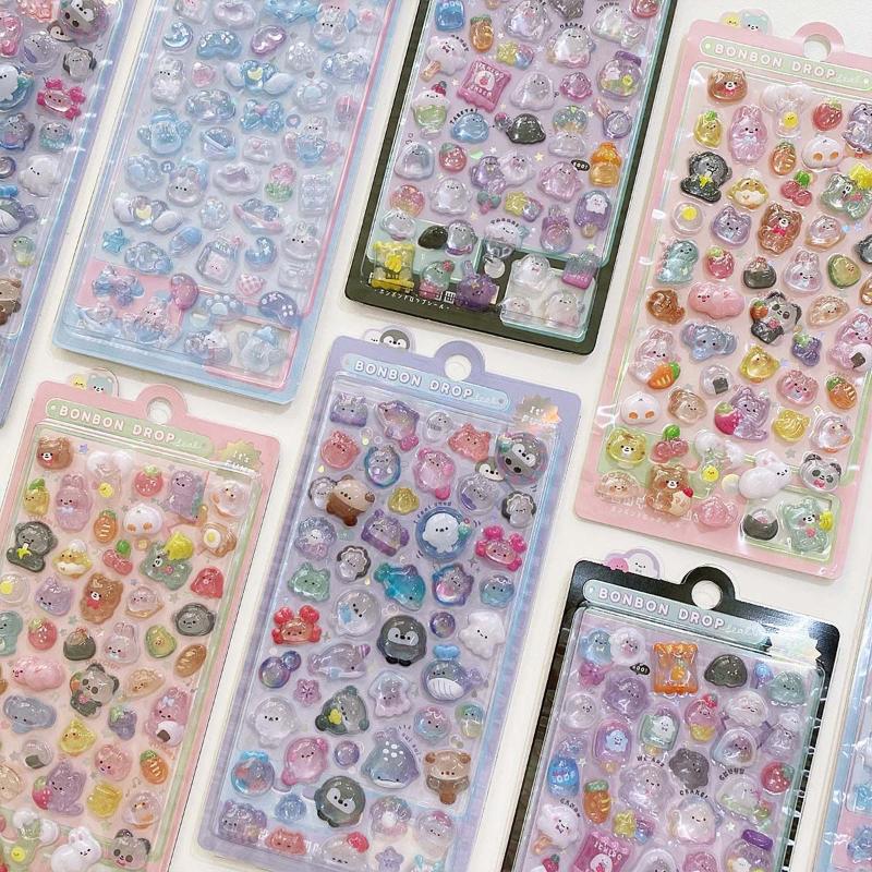 4 Sheets Cartoon Animal Ghost Rabbit Aesthetic Decals 3D Relief Jelly Stickers Diy Phone Case Diary Stationery Sticker Decor