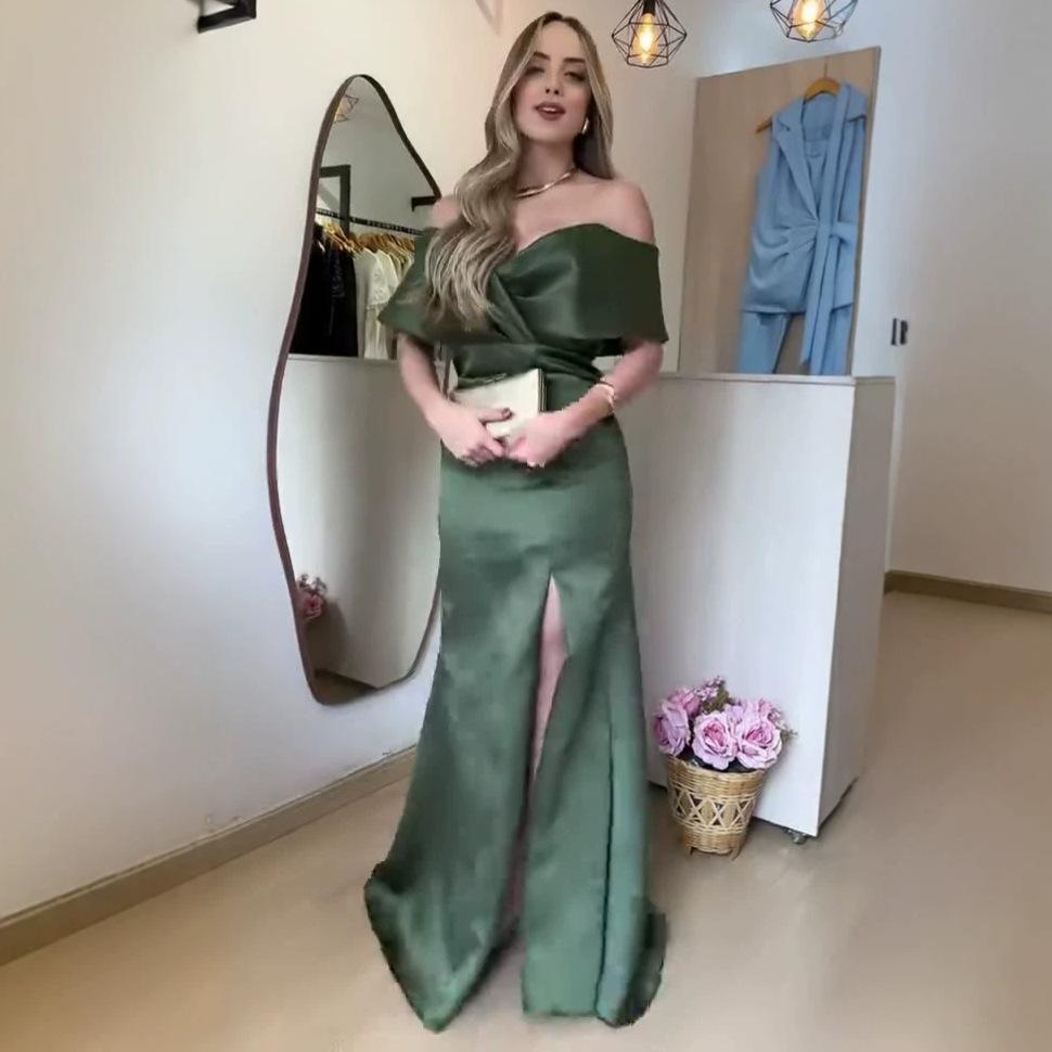 Spring and Autumn New European Beautiful Women Sleeveless Waist Off-the-shoulder Dress One-word Collar Hip-wrapped Split Long Dress