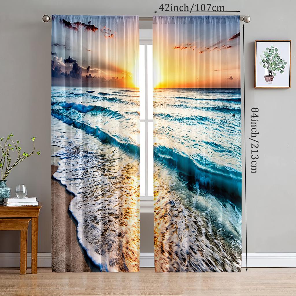 

2 pieces, polyester material, ocean landscape curtain, tropical beach landscape printed curtain rod, pocket landscape curtain 29Wx64L(75x166CM)x2
