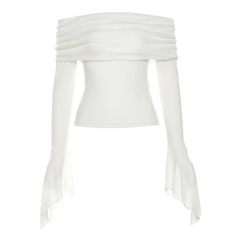 

Y2k Aesthetic Off Shoulder Pullover Women Slash Neck Long Sleeve Solid Casual T-Shirts Lades Vintage Korean Sexy Cute Tops 2026 New L білий