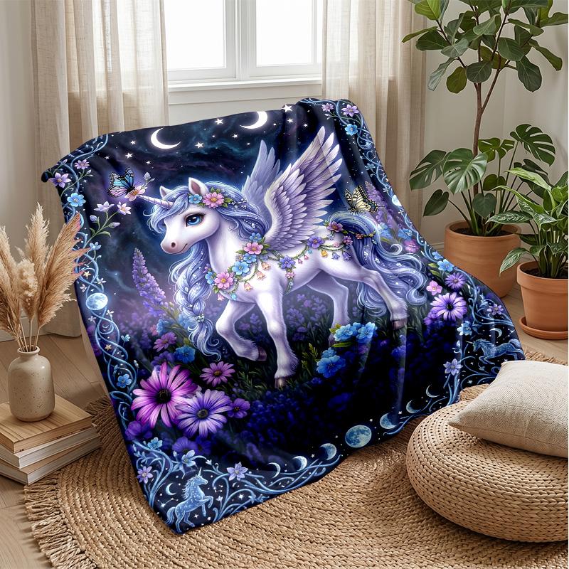 Winged Unicorn Moons Flowers Theme blanket Lightweight Warm Flannel Blanket Decorative Throw Blanket for Home Decoration