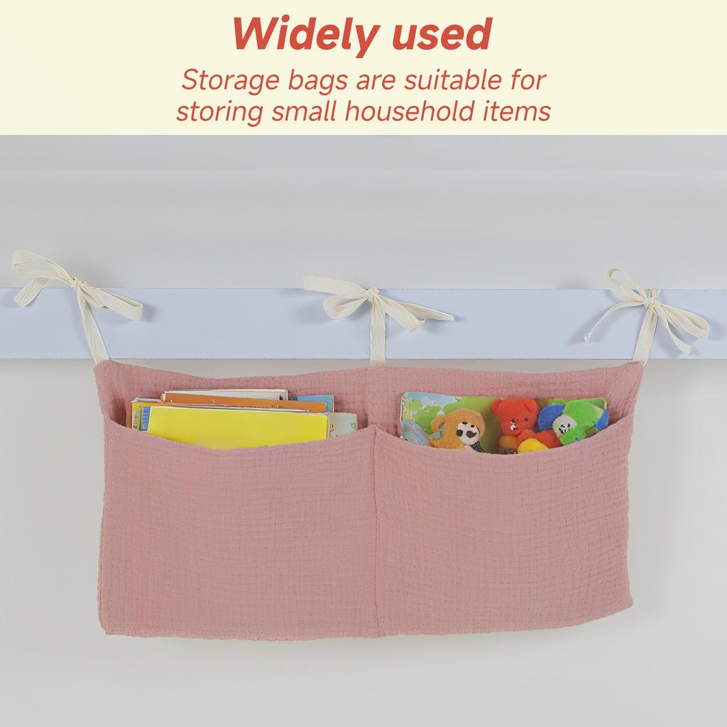 Baby Bedside Hanging Storage Bag Cotton 2 Pocket Baby Crib Organizer Soft Cribs Diaper Storage Bag for Teething Rings Wipes Toy