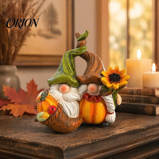 Niedliches Harz Herbst Sammlerstücke Herbst Wichtel Ornament, Ernte Figuren mit Kürbis Und Sonnenblumen Ornamenten Dekoration für Thanksgiving Halloween, Saisonal