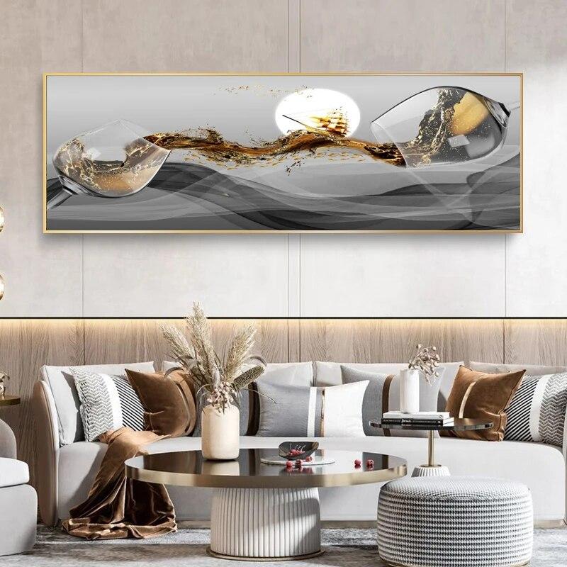 

Современная роскошная картина на холсте, бокал для вина, парусная лодка, декоративные картины, настенное искусство, китайский золотой декор для гостиной, спальни, Куадрос 40x120CM NO Frame земля желтый