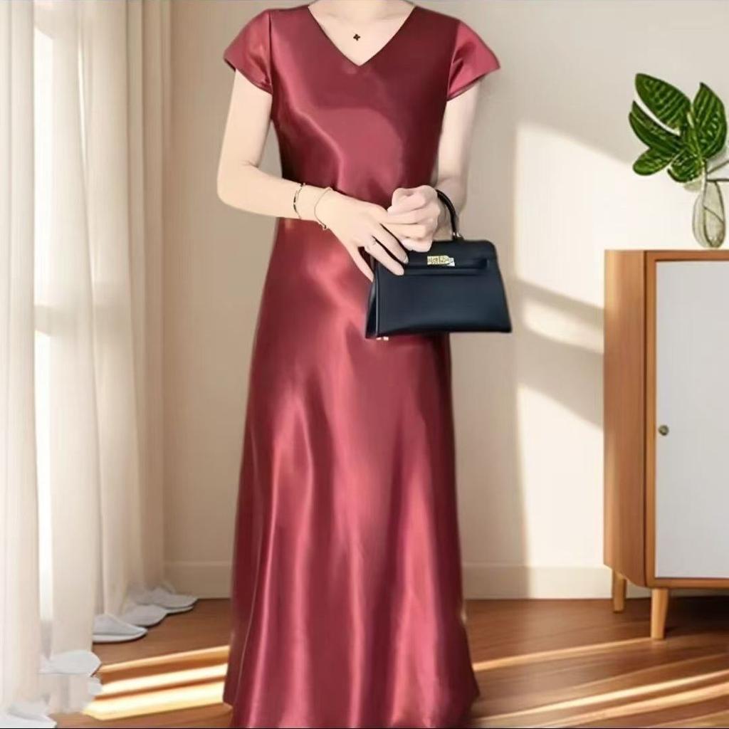 Elegant Satin Short Sleeve Mermaid Dress Slimming Summer French Style High Quality Long Dress