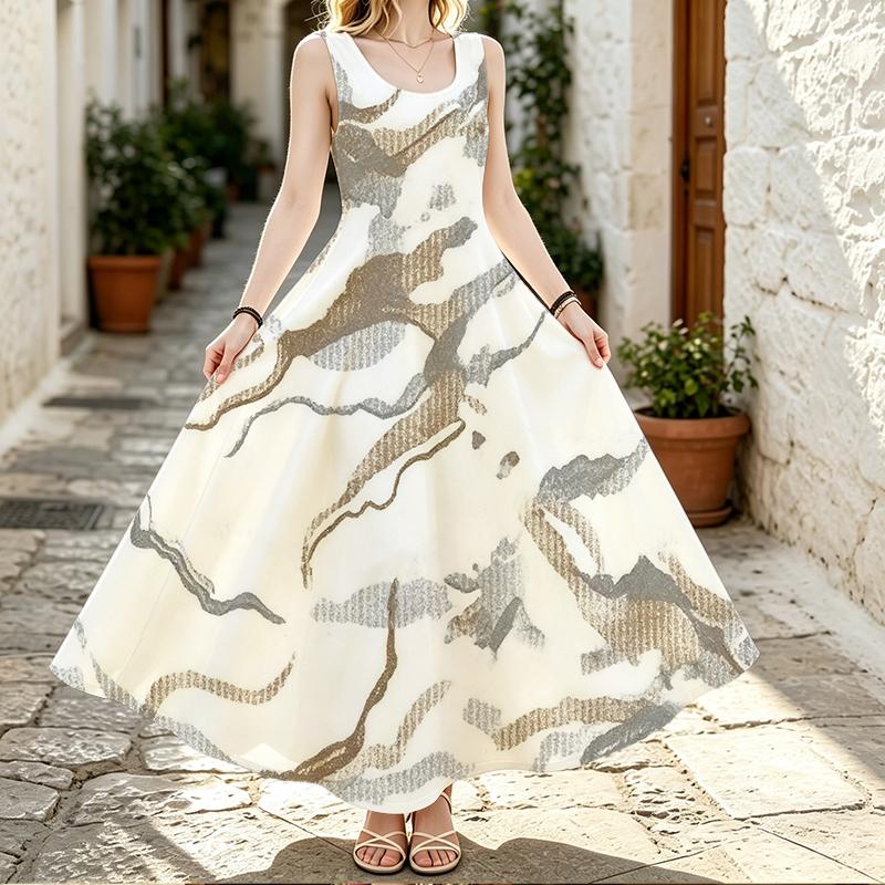 Flowy Sundress,Womens Summer Maxi Dress,Neutral Tone Marble Swirl Print,Sleeveless Outdoor Holiday Clothing
