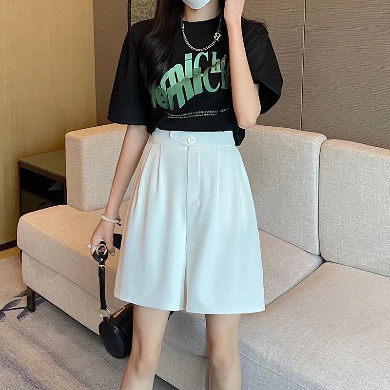 Black Suit Shorts for Women In Summer Thin High Waist Loose Slim Straight-leg Casual Mid-pants Wide-leg Five-point Pants