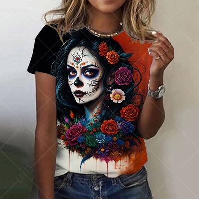 Mexican Day of the Dead Women's T Shirt 3D Print Rose Catrina Goddess O-Neck Short Sleeve Tees Streetwear Y2k Clothing For Girls