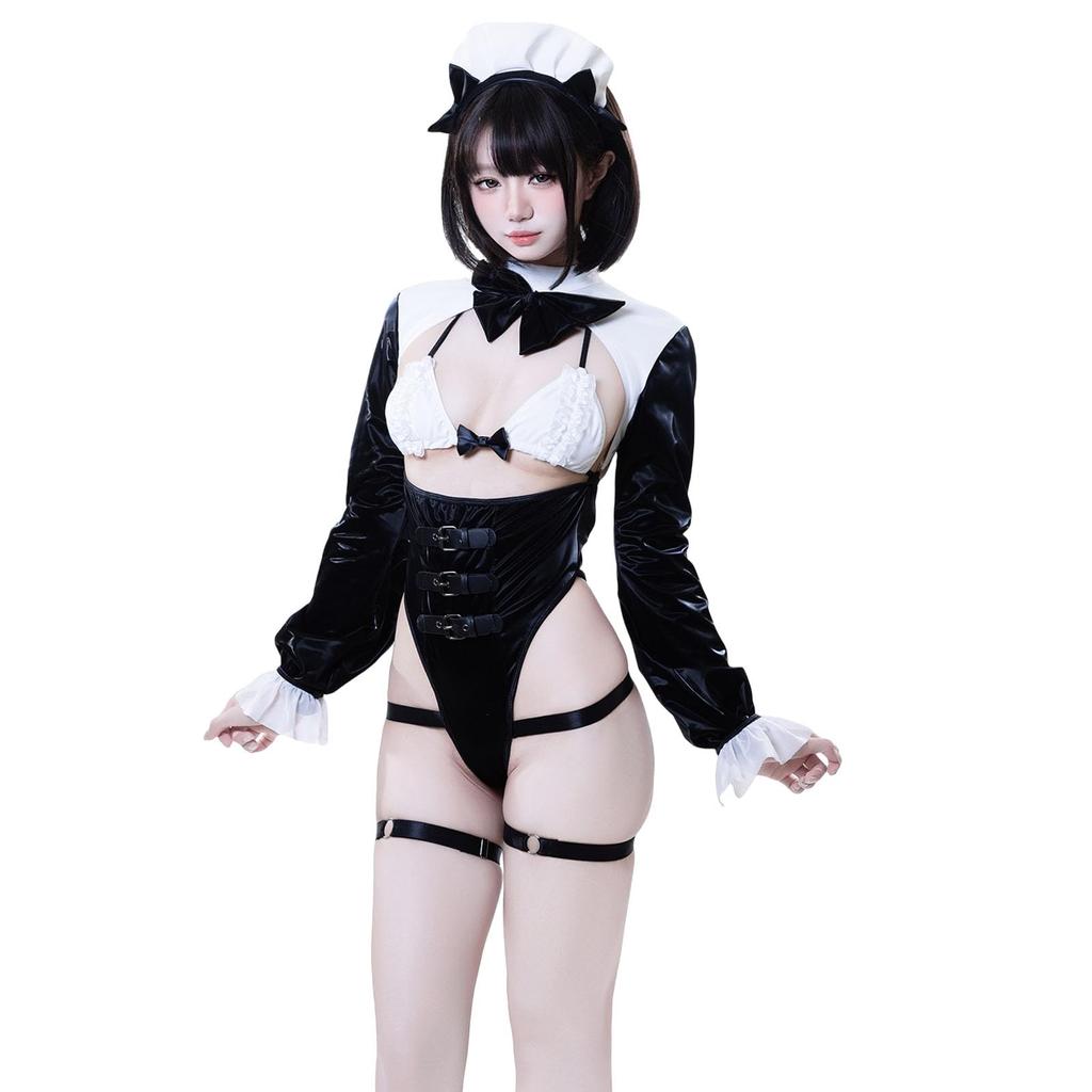 Maid Cosplay Erotic Extreme Sexy Sexy PU Leather SM Restraint Moe Devil Temptation Lingerie Bodycon Bondage Enamel Costume One Size Black [SENMHS]