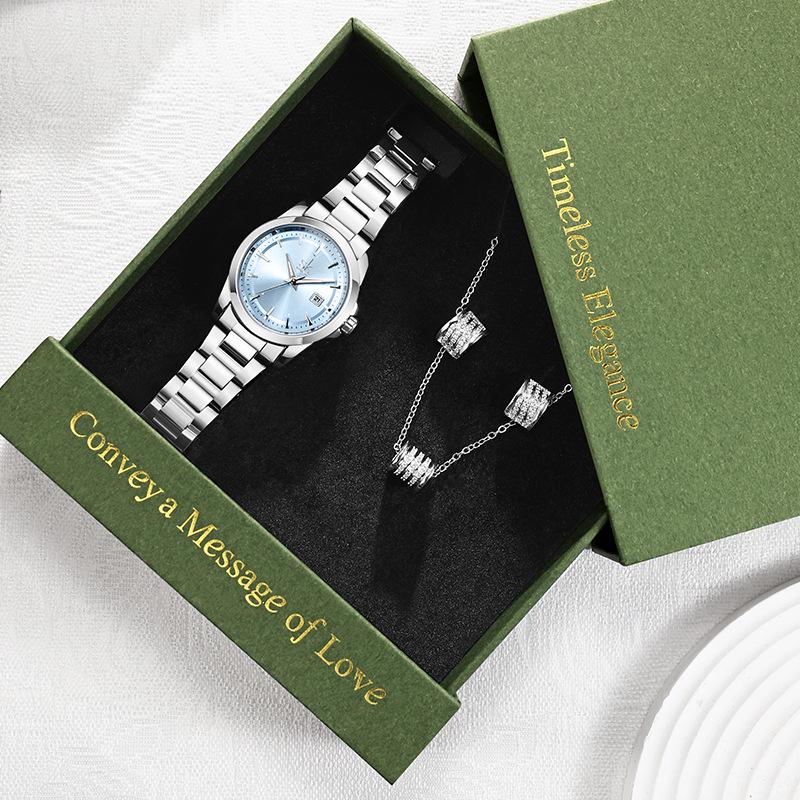 Women's Diamond Watch Set: Elegant Quartz Watch, Necklace & Earrings for Valentine's Day, Gift Box Included