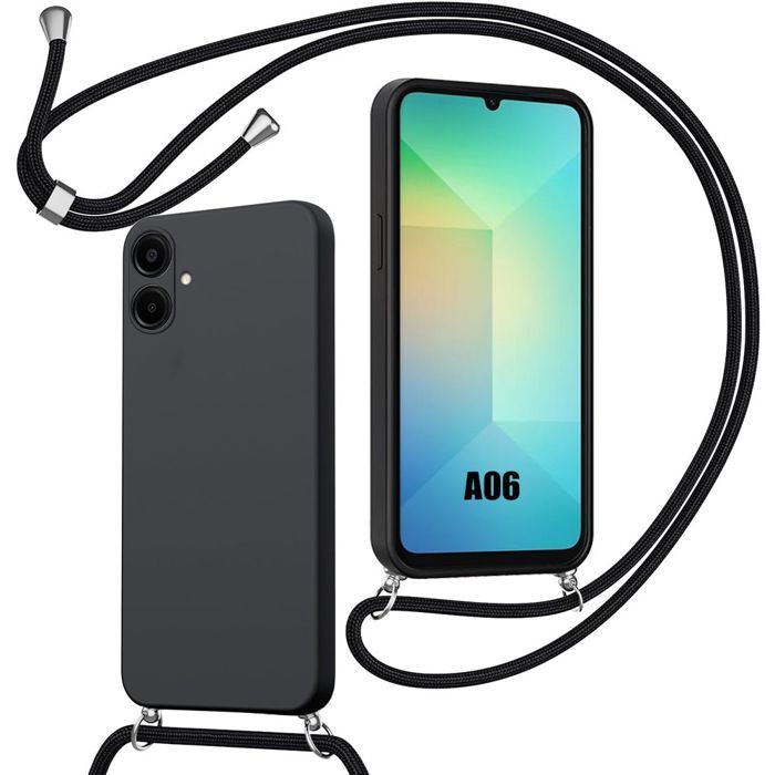 Coque pour Samsung Galaxy A06, Protection Antichoc Silicone Souple avec Cordon Noir