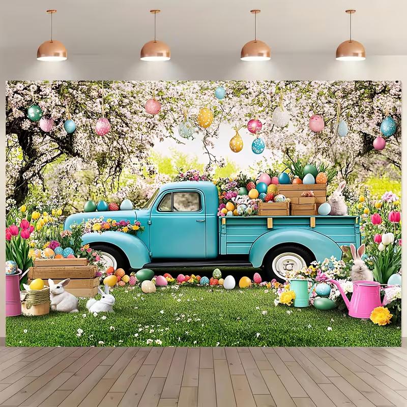2D Flat Printing Easter Bunny and Colorful Eggs Backdrop