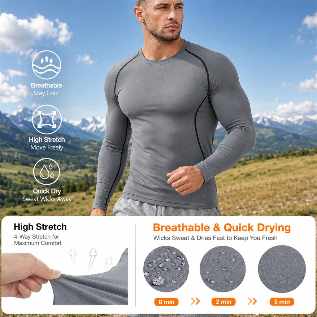 Men's Compression Long Sleeve Shirt Athletic Training Top Quick Dry Breathable High Stretch Base Layer for Running Basketball