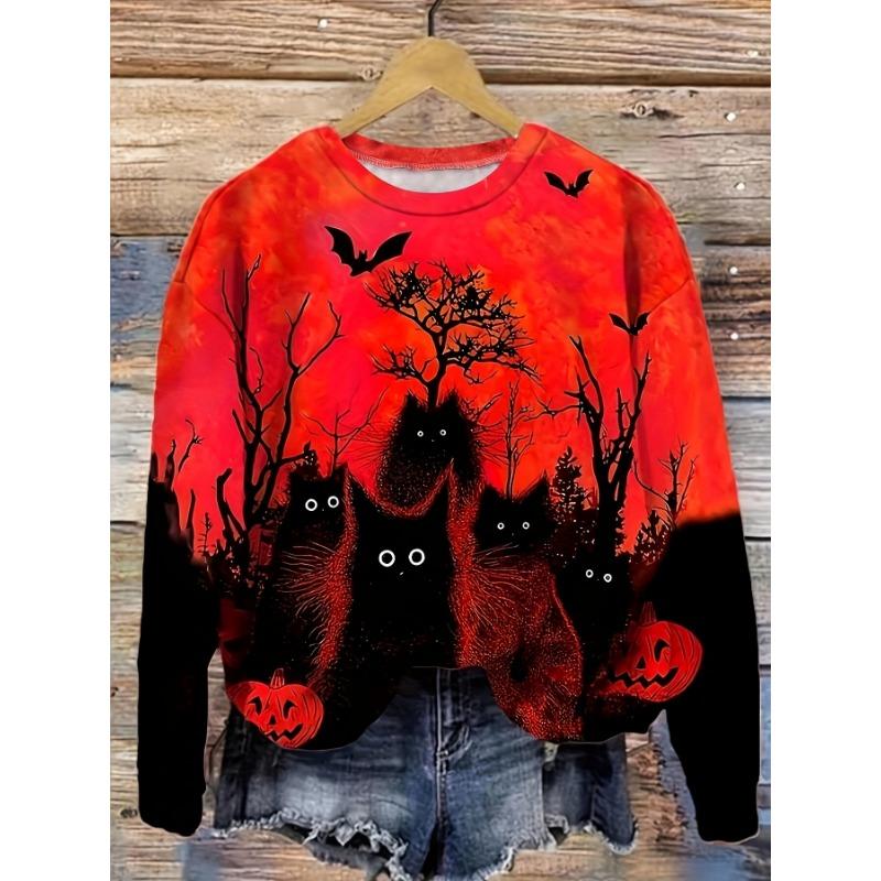 Women's Long Sleeve T-shirts Halloween Theme Black Cat Graphic Streetswear Polyester Tops Casual Pullover Women's Clothing