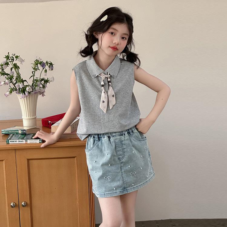 Girls Sleeveless Polo and Denim Skirt Set - Summer Korean Style Fashion 170 cm