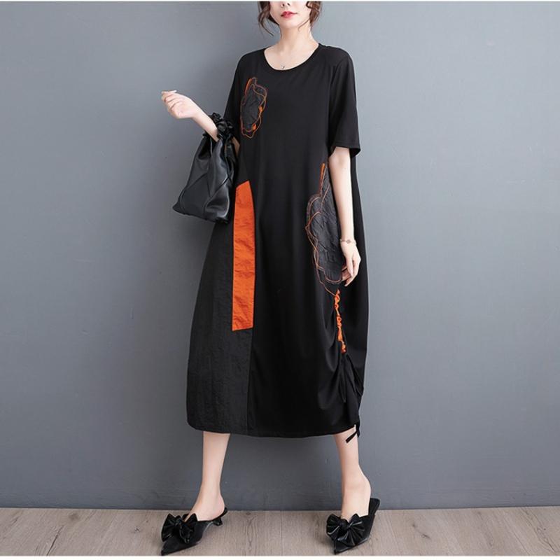 Summer New Loose Casual Embroidered Dress Color Block Hem Drawstring Slimming Women's Fashionable Artistic Clothing Dress