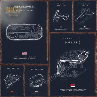 Formula 1 Svetové pretekárske trate Kovový plechový nápis na stenu izby Plagát Umelecká tlač Obrázky Svetové okruhy Tabuľky Domáca dekorácia