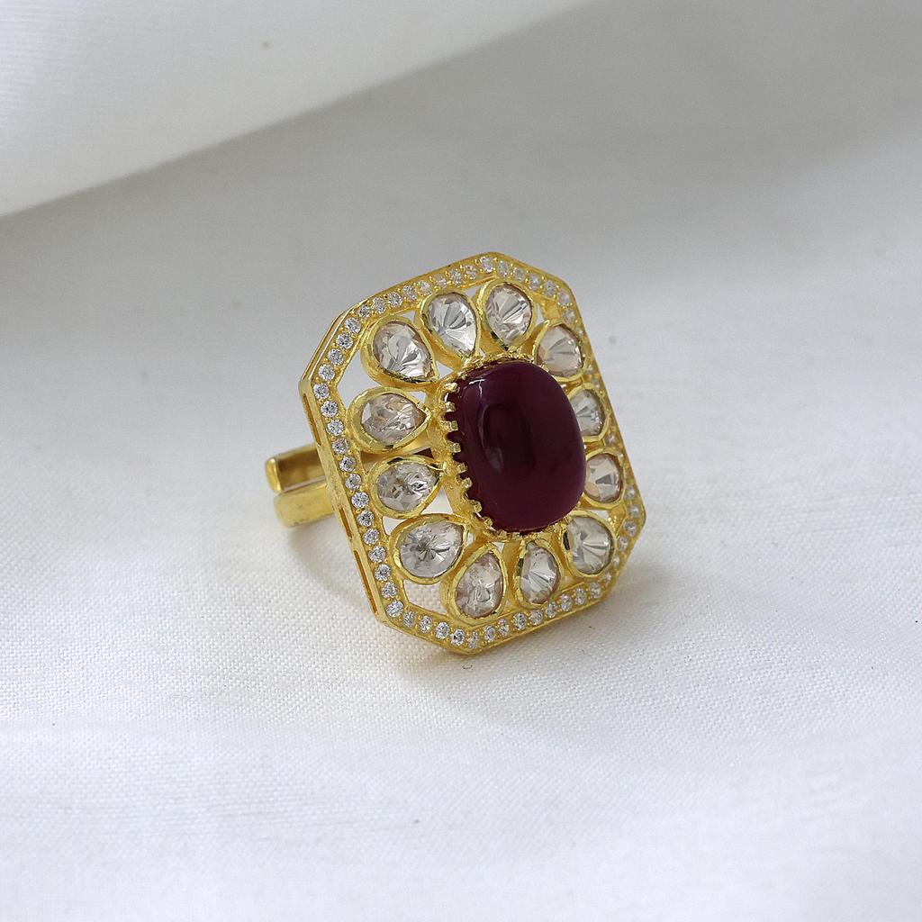 Kundan Gold Plated Ring, Adjustable Ring, 925 Sterling Silver Handmade Jewelry, Moissanite Ring Indian Women Jewelry Polki Ring