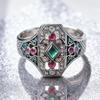Environmentally Friendly Alloy Ring Inlaid with Red and Green Colored Diamond Jewelry, Palace Style Luxury Women's Diamond Ring