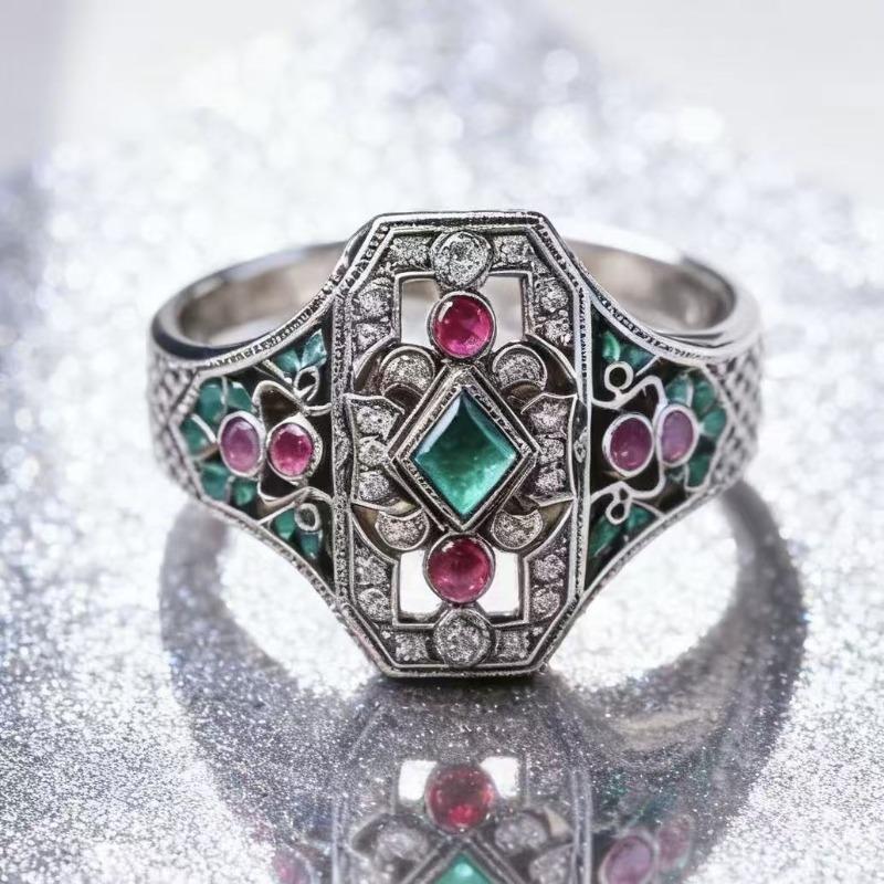 Environmentally Friendly Alloy Ring Inlaid with Red and Green Colored Diamond Jewelry, Palace Style Luxury Women's Diamond Ring