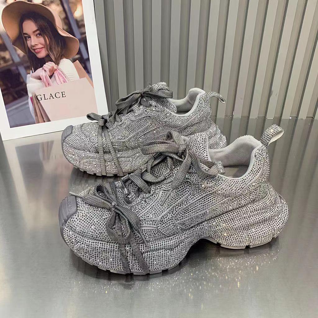 Fashion 2024 New Fashion Trend Sneakers Women Platform Flat Grey Full of Diamonds Sparkling Casual Trainers Ladies Chunky Sneakers Shoes