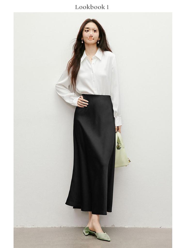 Hongxiu 2025 Glossy Lapel Drape Acetate Top - Spring/Autumn Women's Fashion Shirt