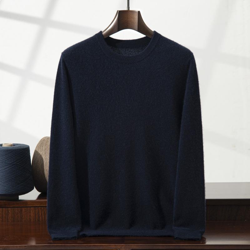 2025 new cashmere shirt men's round neck solid color pullover sweater with knitting inside