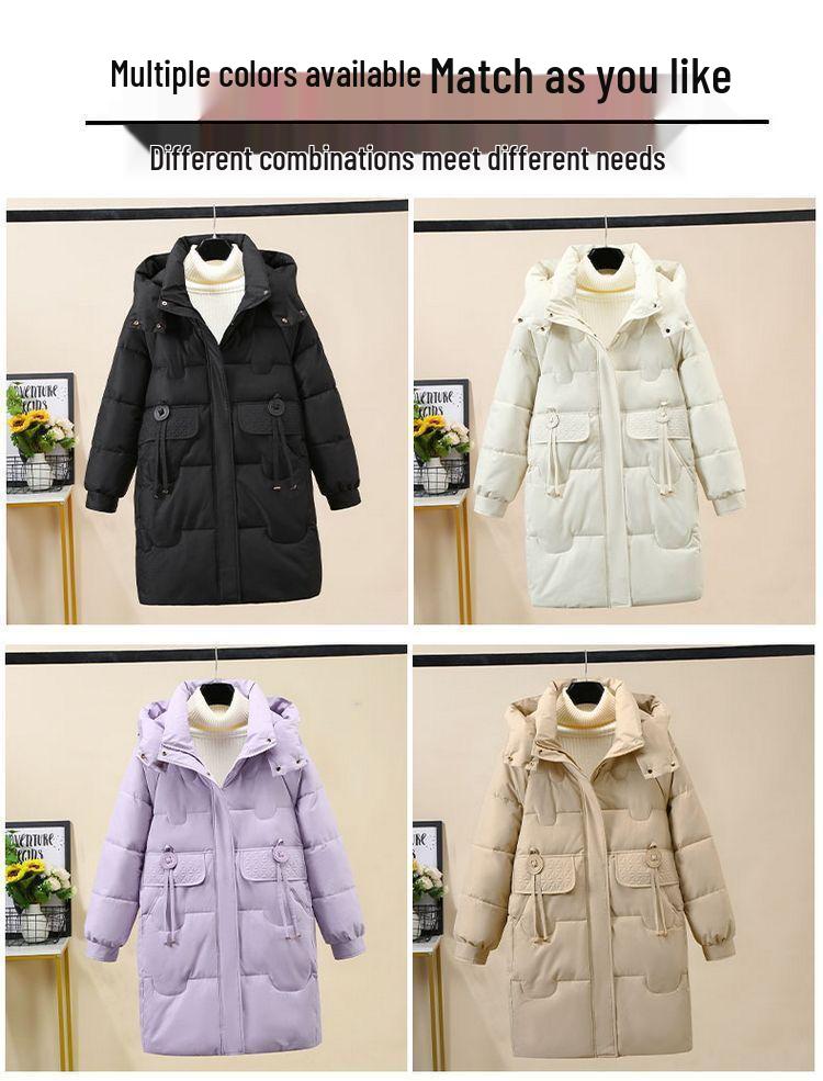 Damski bawełniany płaszcz o średniej długości w koreańskim stylu 2024: Moda Zimowa, Ciepła, Uniwersalna Kurtka.