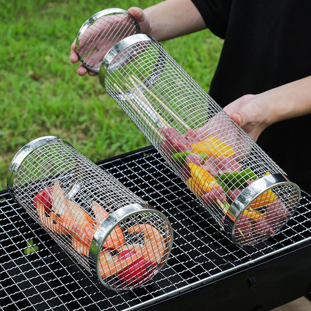 2025 new Stainless Steel BBQ Basket Portable Rolling Wire Mesh Cylinder Grill Basket for Outdoor Camping Barbecue