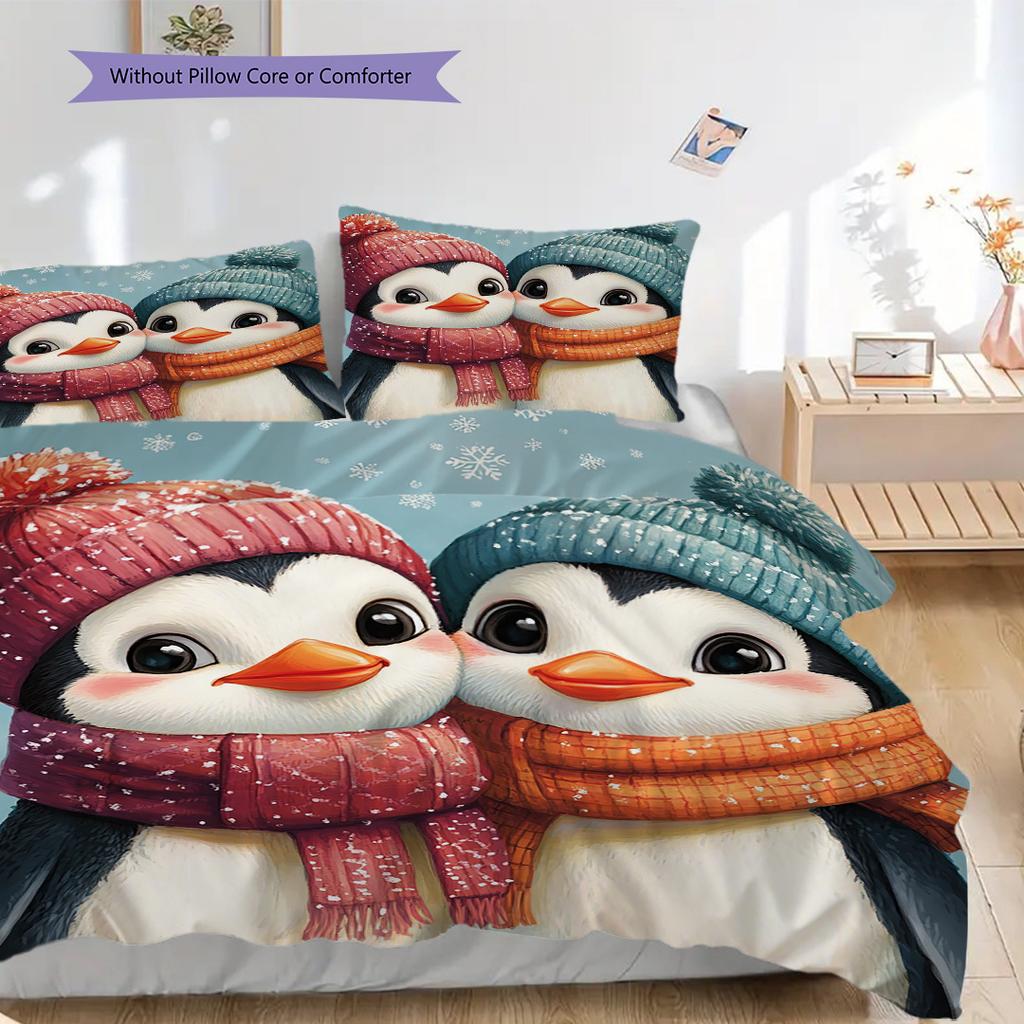 Penguin Pattern Bedding Quilt Set Quilt Cover Pillowcase Home Decoration Birthday Gift (1 * duvet cover + 2 * pillowcase, without core)