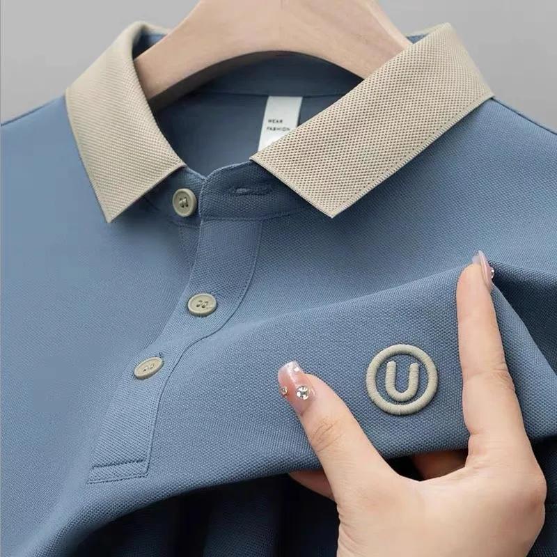 Ice silk short-sleeved T-shirt for men, new summer high-end embroidered luxurious silky quick-dry breathable polo shirt.