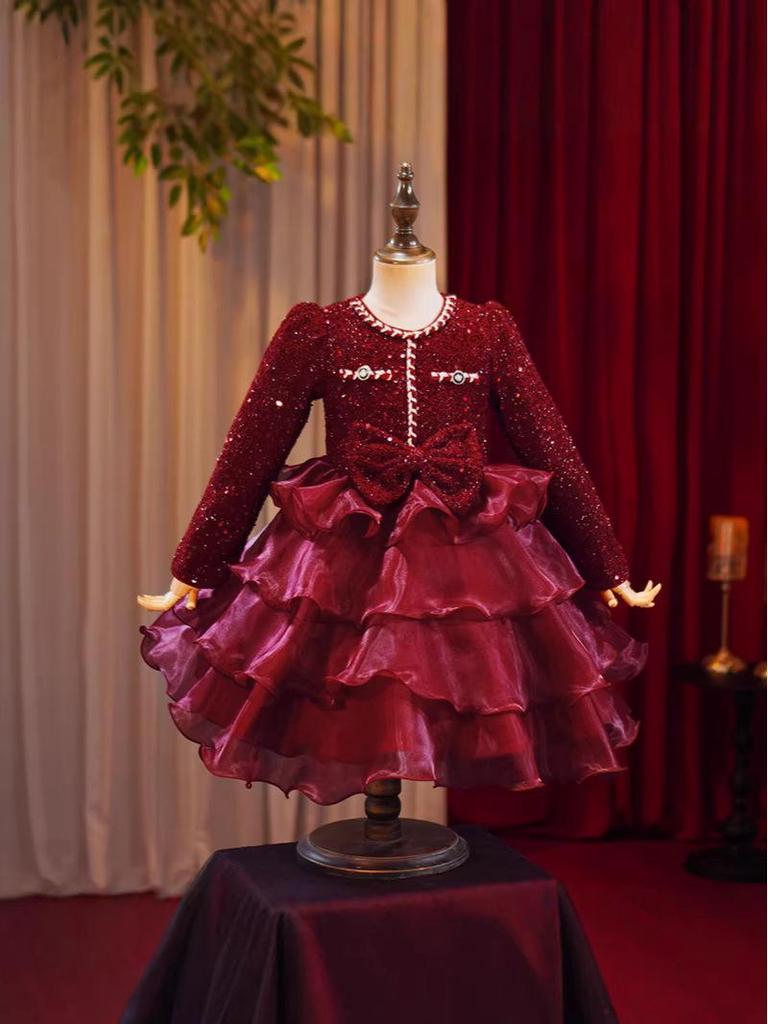 Girls' Wine Red Sequin Skirt with Bow & Tulle - Autumn/Winter Formal Christmas Dress
