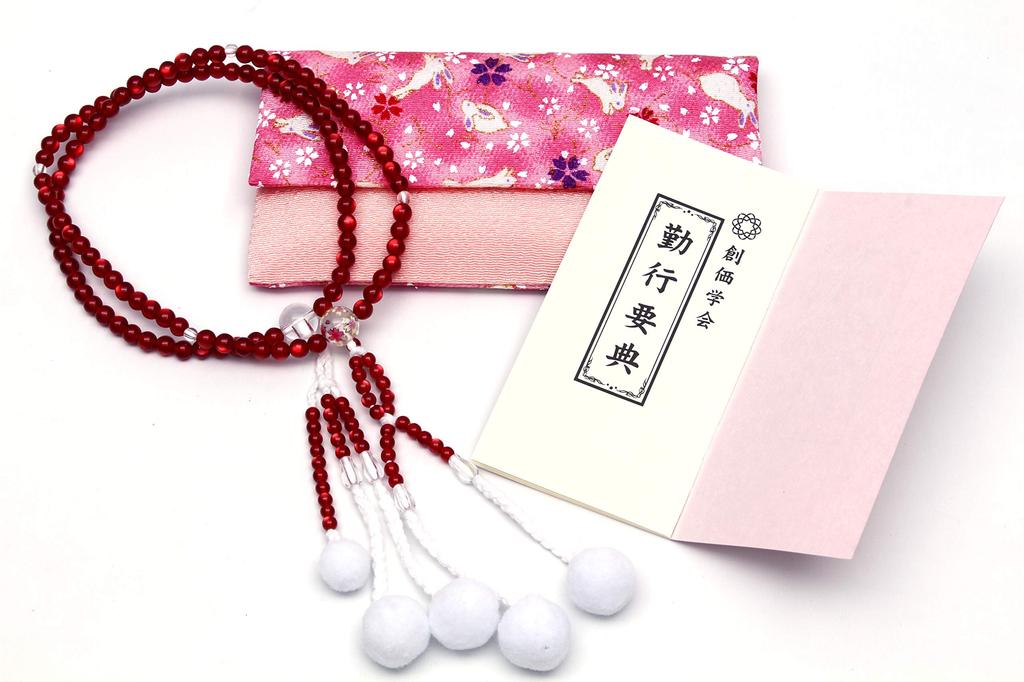 Made In Japan, Soka Gakkai Prayer Beads, New Member Gift, 3-piece Set for Women, Pink with Rabbit and Cat's Eye Red Cherry Blossom Pattern.
