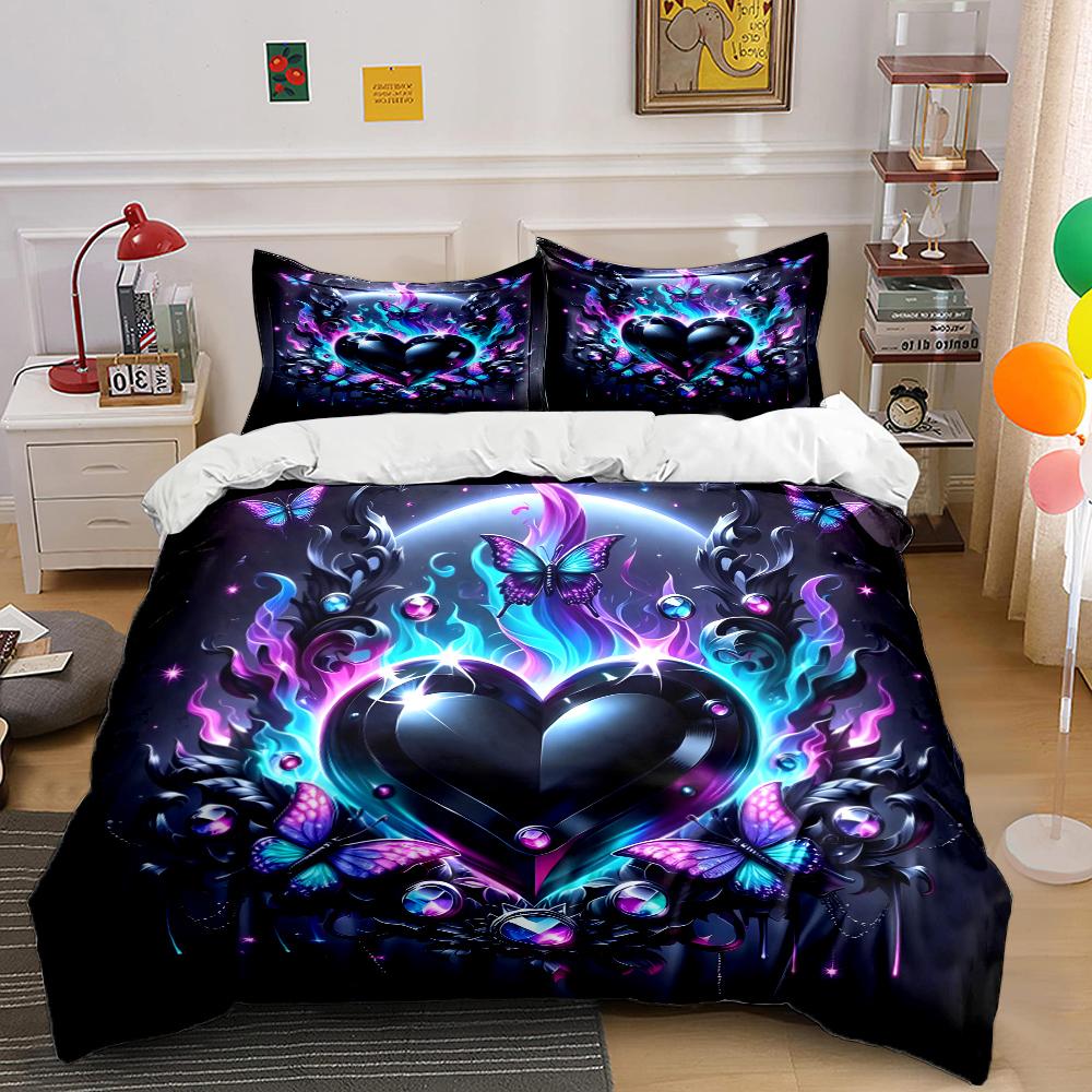 Colorful Heart and Butterfly Flames Print Bedding Set 1 Duvet Cover 2 Pillowcases for Adult and Children Luxury Gift Full Size