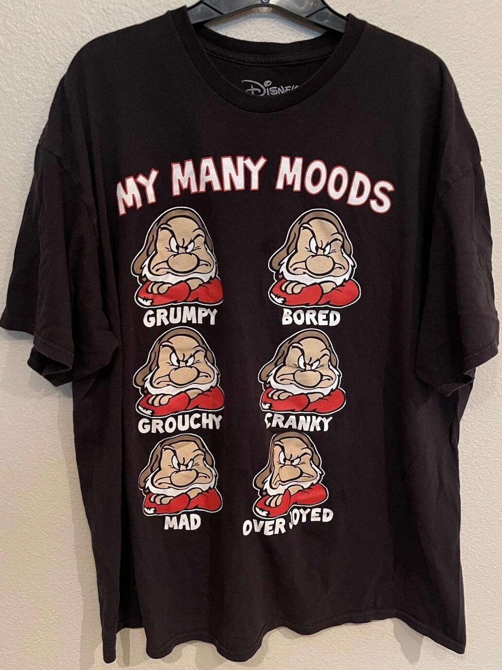 Disney My Many Moods Snow White Seven Dwarves Grumpy Men s Black XXL 100% Cotton T-shirt Mens Tees Top 3XL