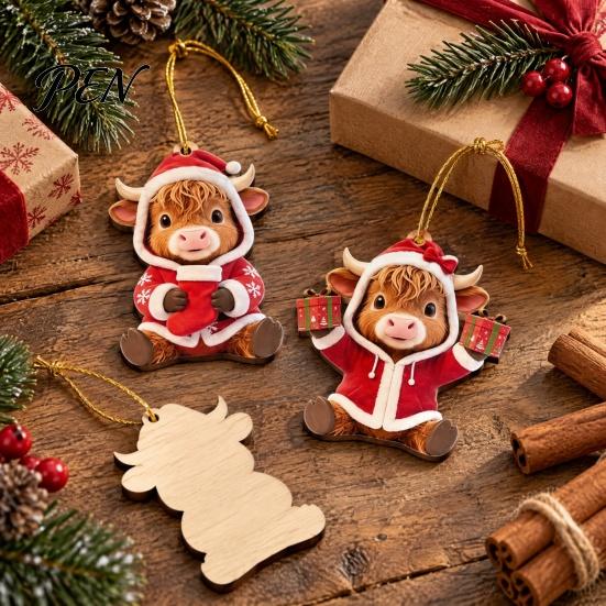 Animal Theme Christmas Tree Ornaments Wooden Highland Cow Ornament, 2D Cute Hanging Shape Decor with String, Farmhouse Holiday Party Decoration