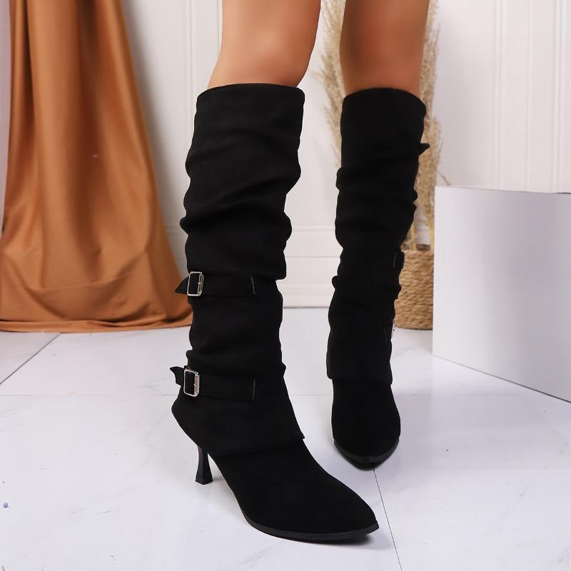 

Мода 2025 Уличный стиль Остроносые Сапоги до колена Женские Высокие каблуки Женские Ретро Пряжка на ремне Плиссированные Модные Горячий товар Длинные сапоги 41 чёрный