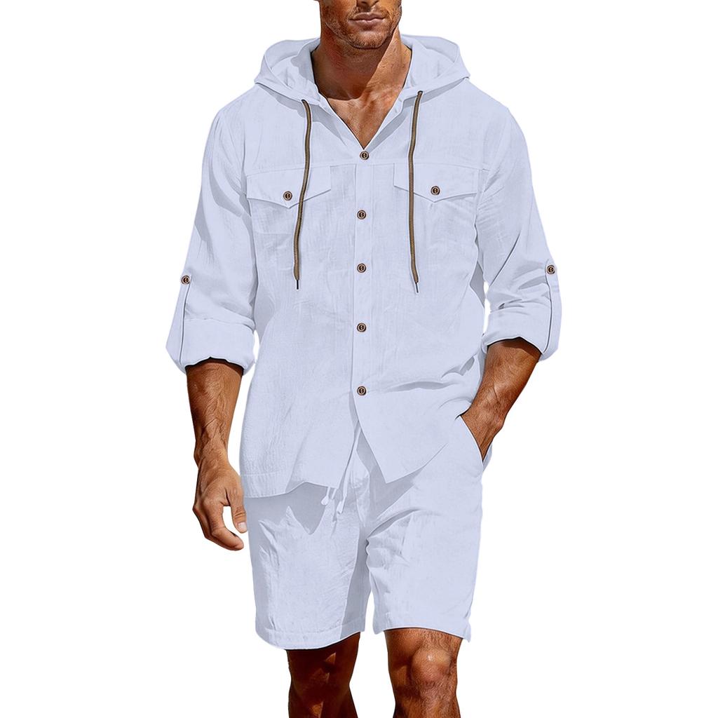 Men's Casual Linen Blend Two Piece Set with Long Sleeve Hooded Button Down Shirt and Drawstring Shorts for Summer Beachwear